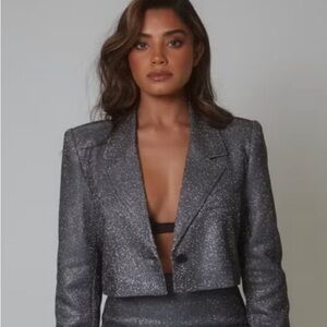 SLA the label Sloane Sparkle Silver Metallic Cropped Blazer Size L